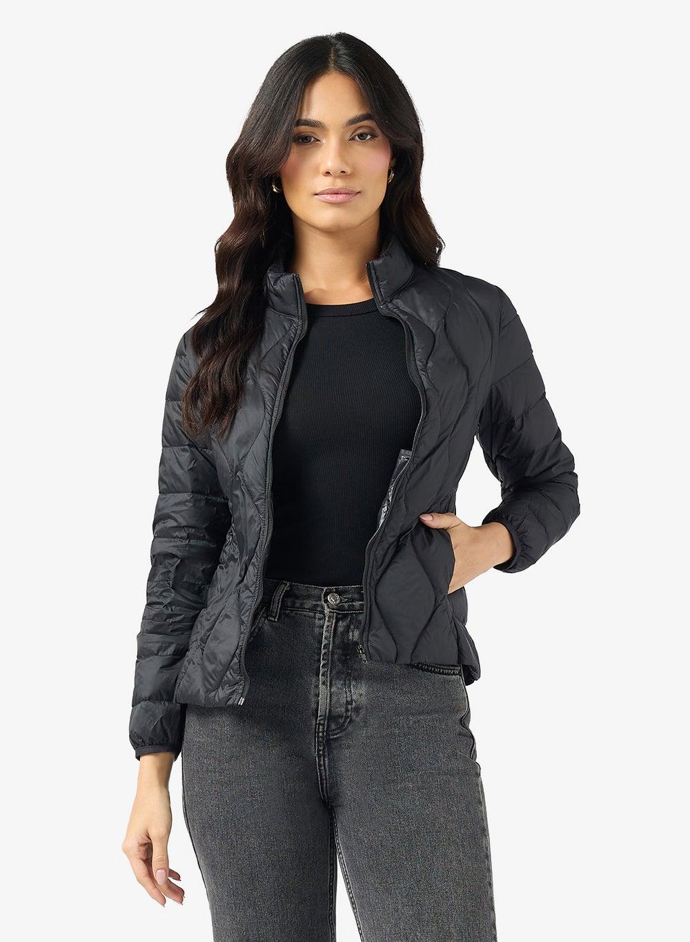 Black Quilted Mid-Length Jacket Ns21190 - Image 1