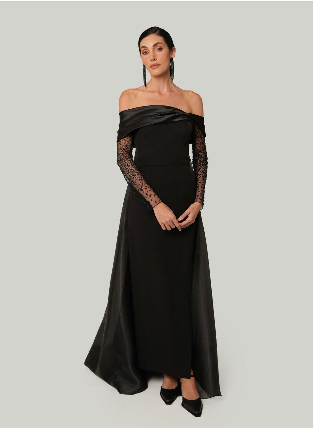 Layali Off-Shoulder Black Maxi Evening Dress - Image 1