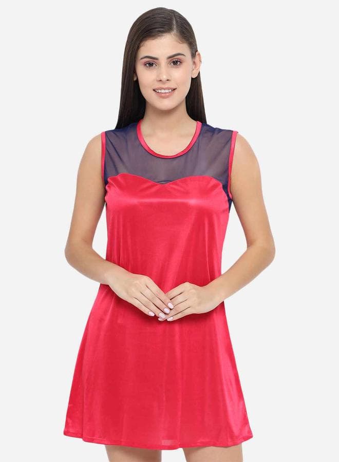 KLAMOTTEN Solid Illusion Neckline Satin Babydoll Red - Image 1