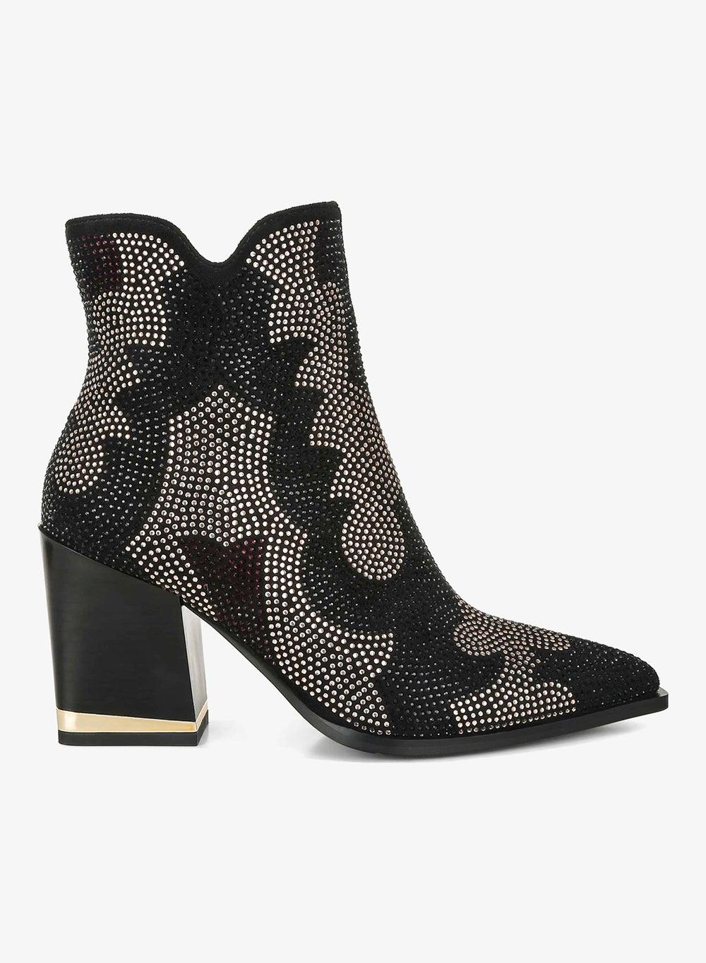 Sh5233 Black Rhinestone Block Heel Ankle Boots - Image 1