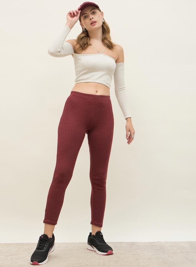 Pointelle Ribbed Burgundy Ankle Leggings – Cotton Skinny Fit - Image 1