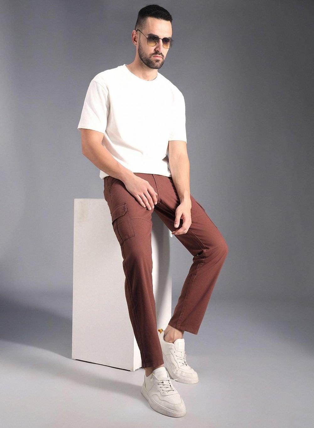 Men’s Rust Brown Cotton Cargo Trousers Mid-Rise - Image 1