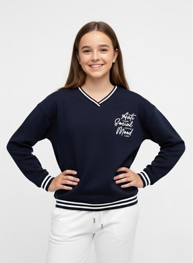 Anti Social Mood V-Neck Sweatshirt Navy Cotton Fleece - Image 1