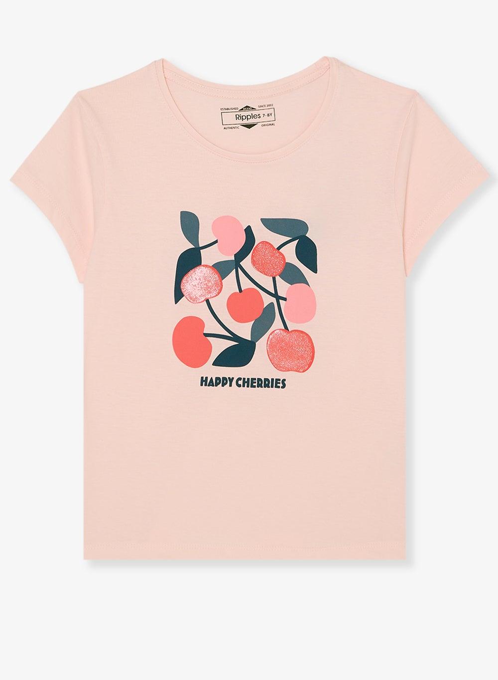 Happy Cherries Glitter Pink Girls Cotton Tee - Image 1
