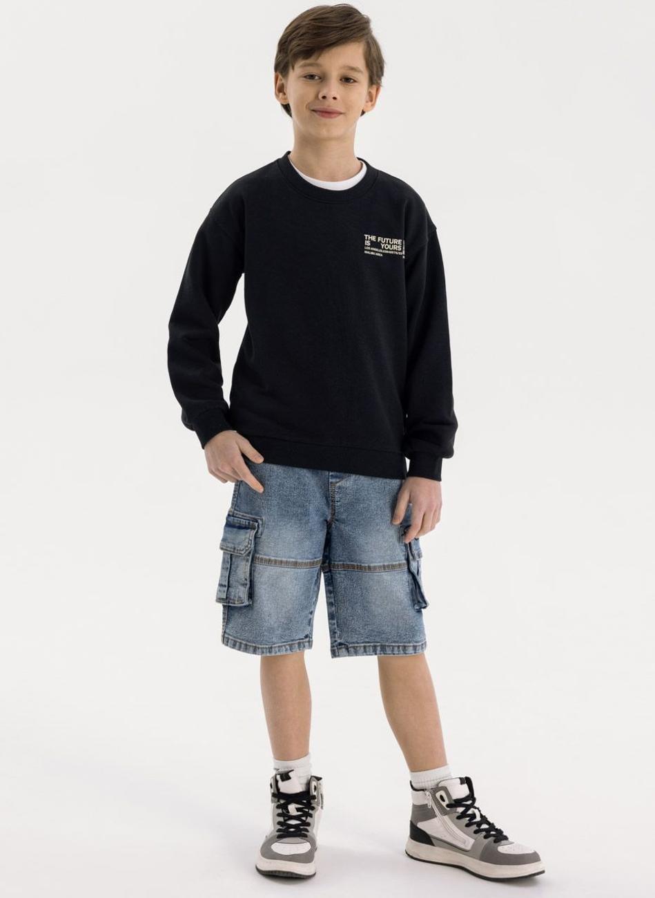 Boys Navy Denim Cargo Shorts with Drawcord Fit - Image 1