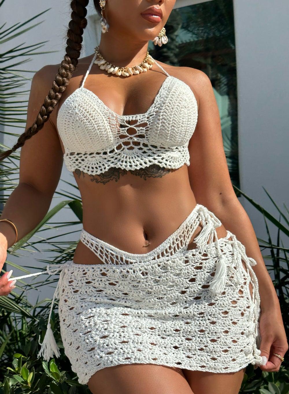 Cuba White Crochet Bikini Set with Cut-Out Skirt - Image 1