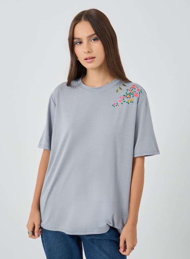 Grey Embroidered Oversized T-Shirt for Women - Image 1