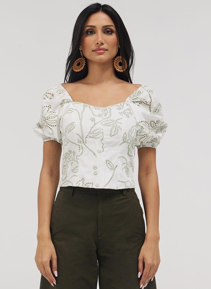 White Front Open Cotton Puff Sleeve Top - Image 1