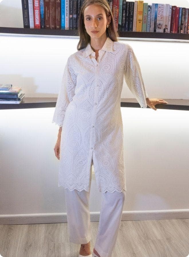 Cream Eyelet Lace Co-ord Shirt Set - Image 1