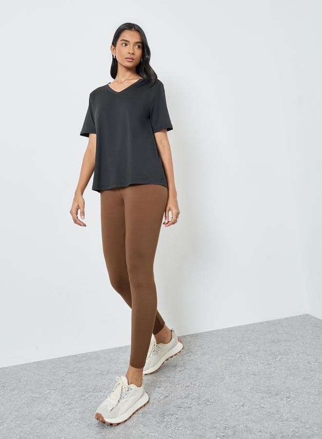 Styli Brown Elastic Waist Skinny Fit Leggings - Image 1