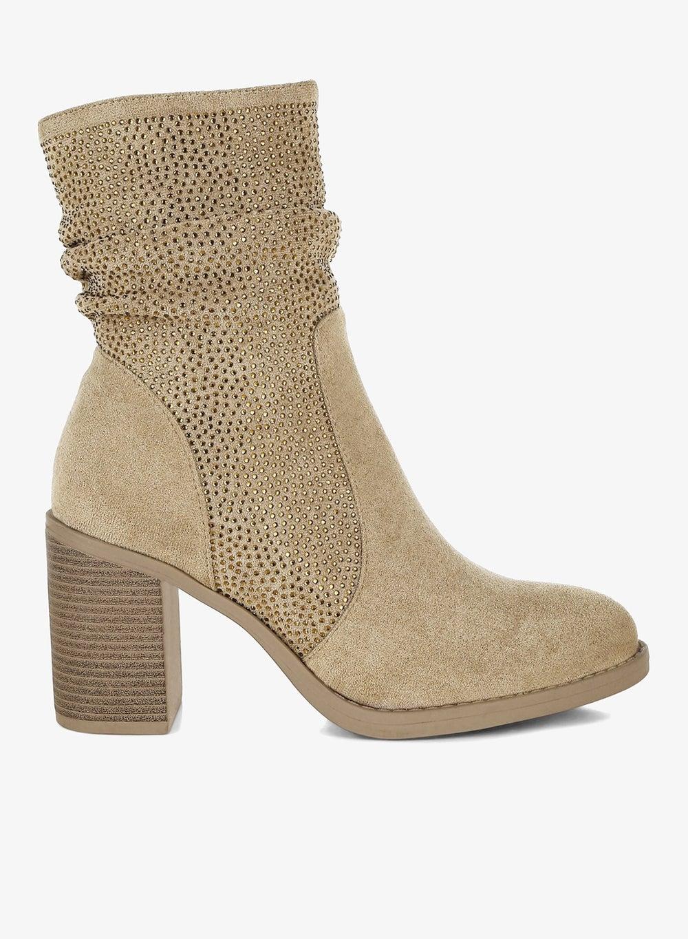 Beige Rhinestone Slouchy Ankle Boots SH5108 - Image 1