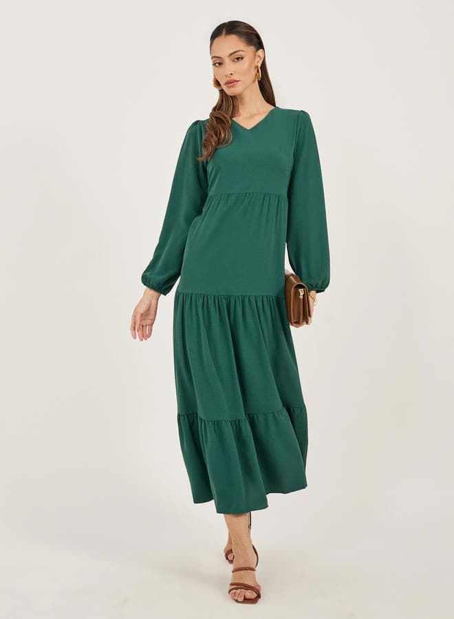 Dark Green Tiered V-Neck Maxi Dress 7012832913 - Image 1