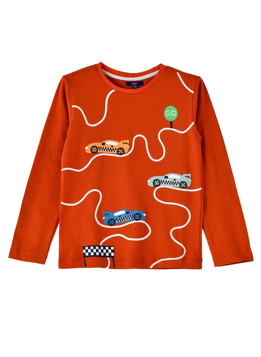 Boys Orange Race Car Cotton Long Sleeve T-Shirt Crtdb445 - Image 1