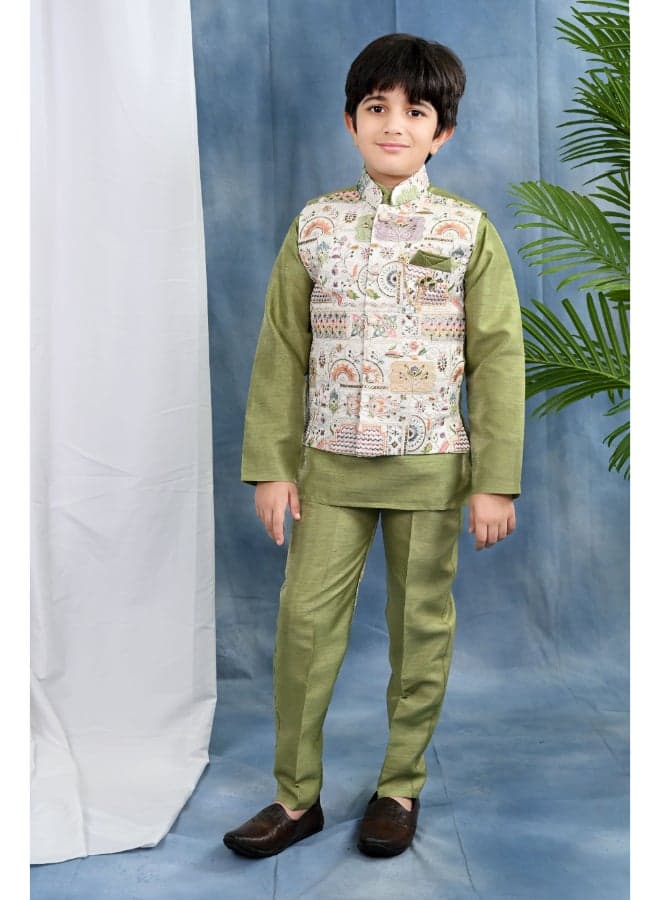 Olive Green Boys Kurta Set with Embroidered Waistcoat - Image 1