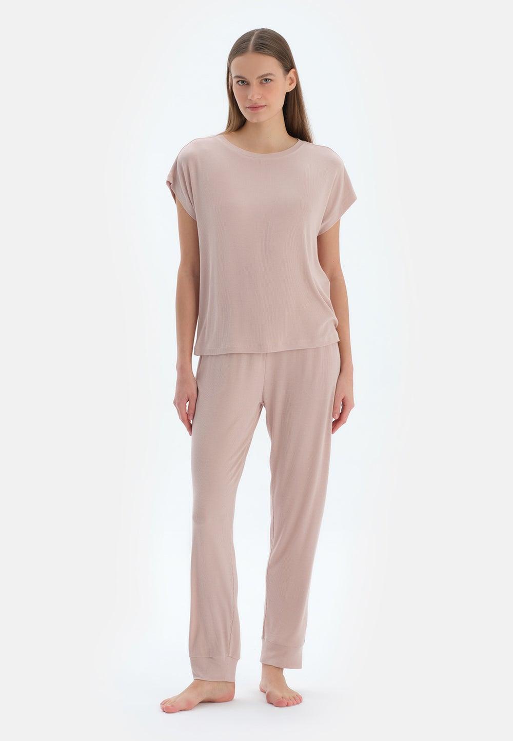 Light Pink Viscose Blend Crew Neck Pajama Set 25Sw17779Bb - Image 1