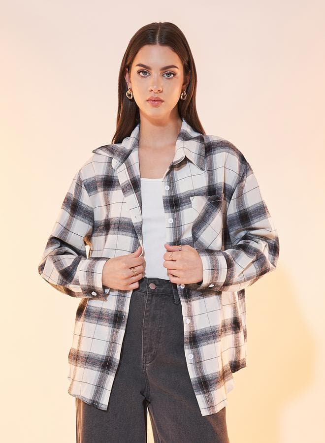 Oversized Plaid Collared Shirt 7009777636 White - Image 1