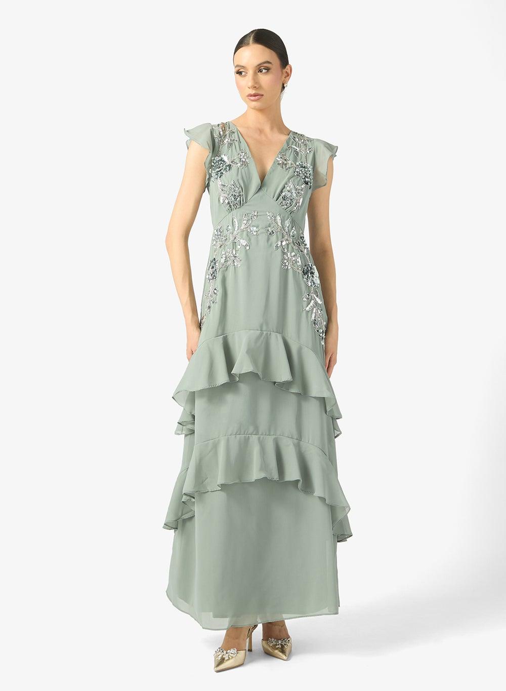 Sage Green Ruffle Embellished V-Neck Maxi Dress PL4 3472 - Image 1