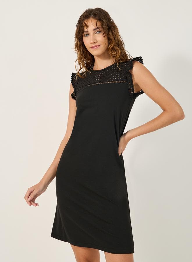 Black Schiffli Yoke Pompom Trim Nightdress Knee Length - Image 1