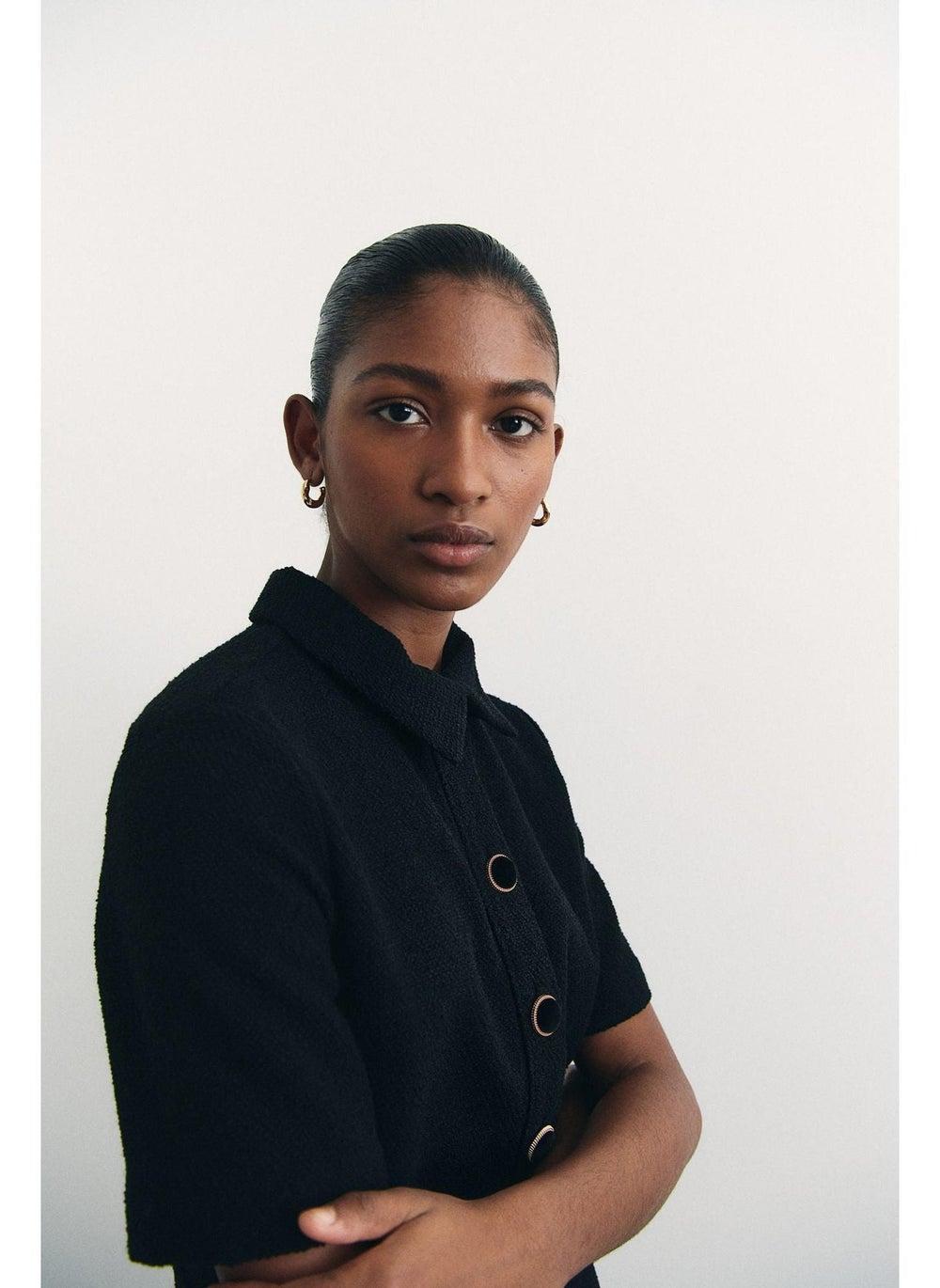 Black Bouclé Shirt Dress with Collared Detail - Image 1