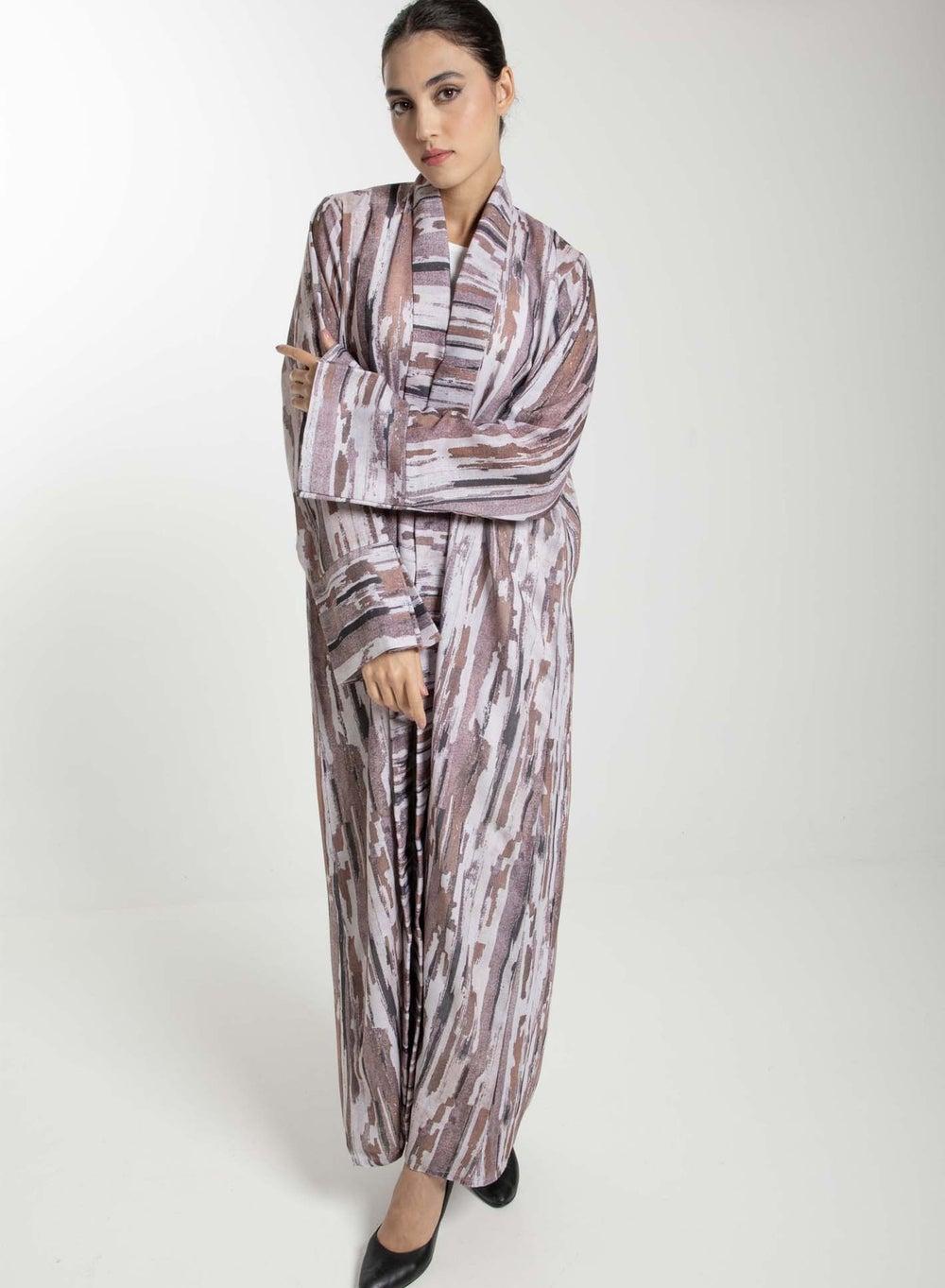Camouflage Linen Front Open Abaya – Brown Tall Fit - Image 1