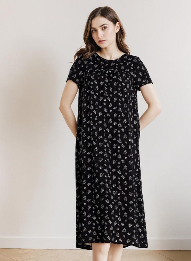 Black Floral Viscose Night Dress for Women - Image 1