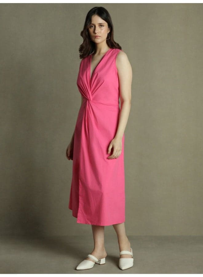 Hot Pink Twisted Cotton Midi Wrap Dress - Image 1