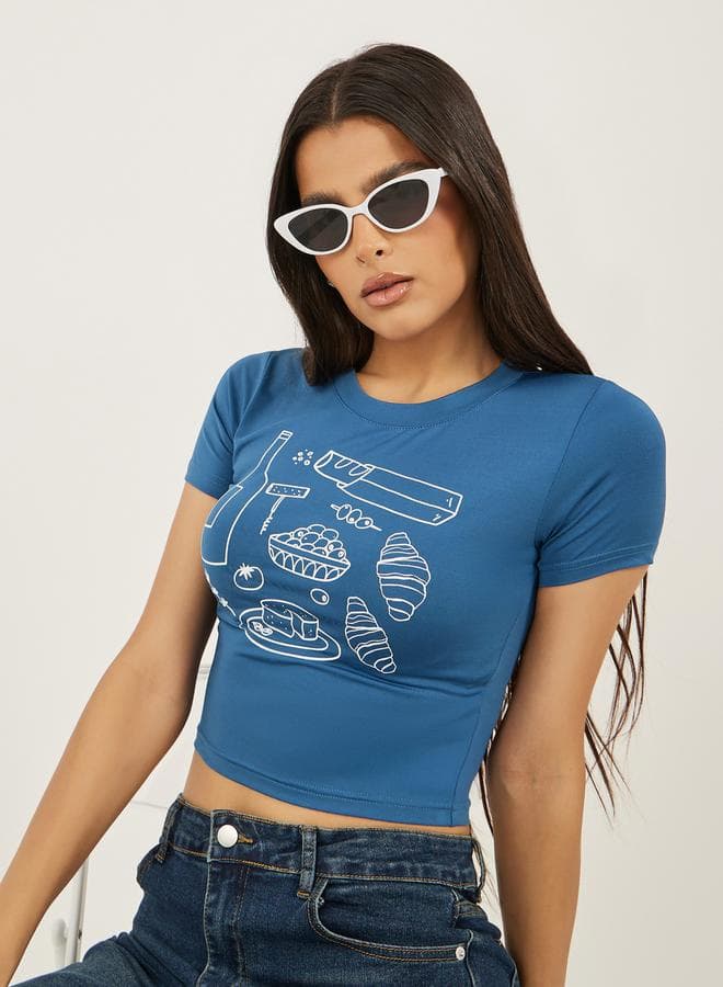 Navy Graphic Print Cropped Fitted T-Shirt 7012261622 - Image 1