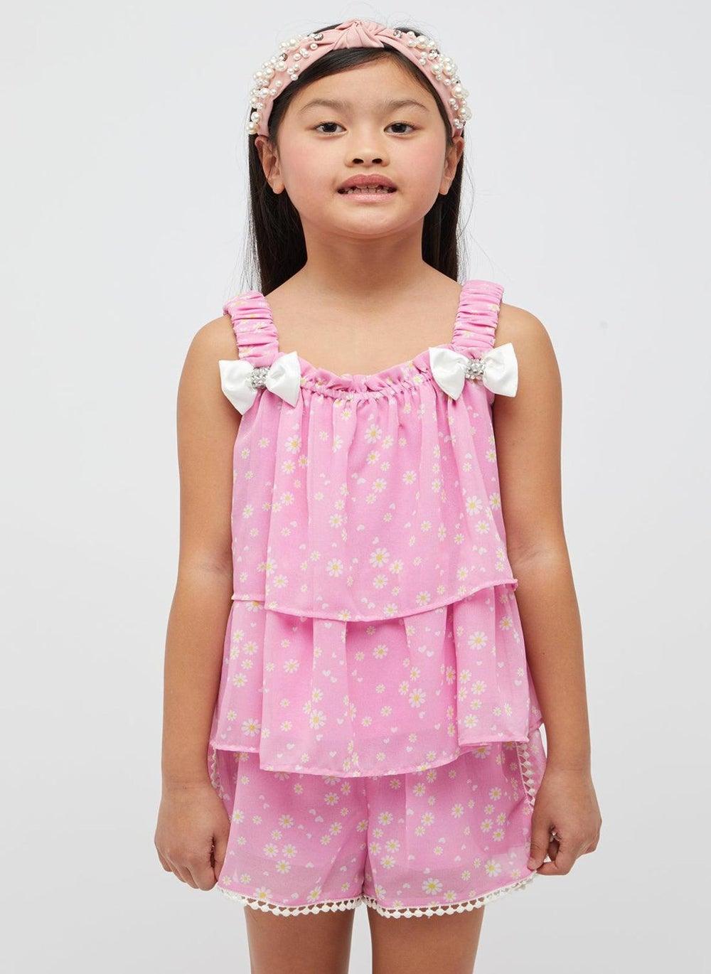 One Friday Girls Pink Bow Layered Summer Top - Image 1
