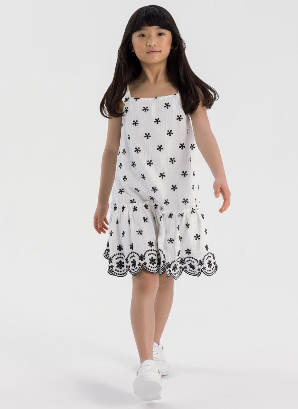 Cream Cotton Muslin Girls Dress with Embroidered Straps - Image 1