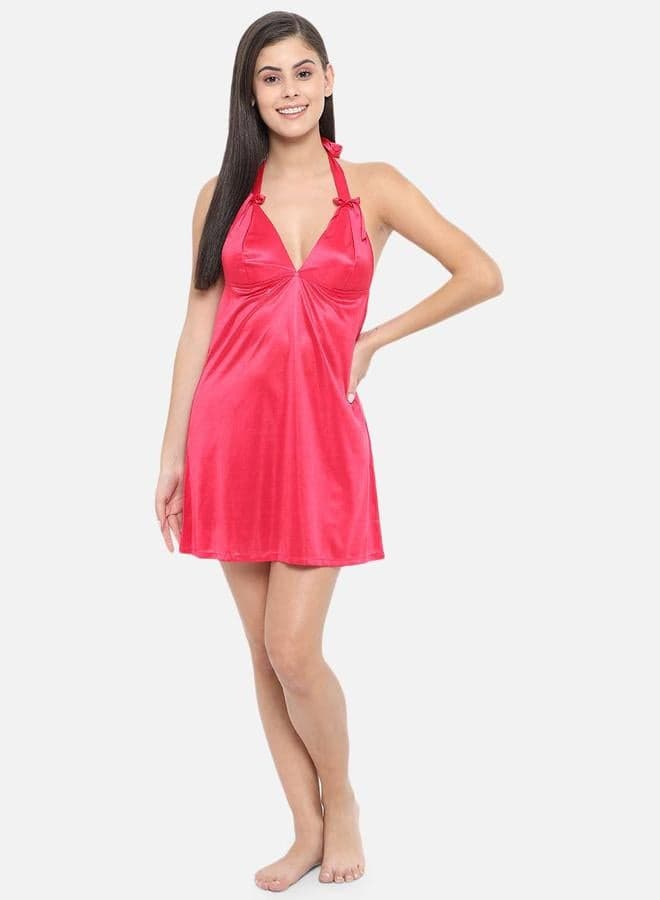 Red Solid Halter Neck Babydoll with Bow Detail - Image 1