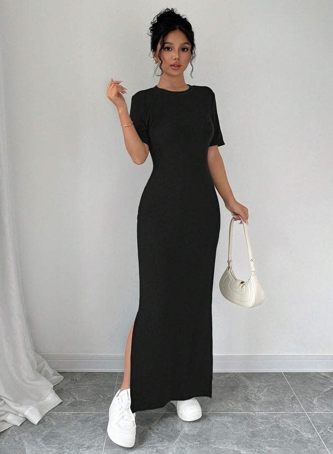 Black Solid Round Neck Bodycon Maxi Dress - Image 1
