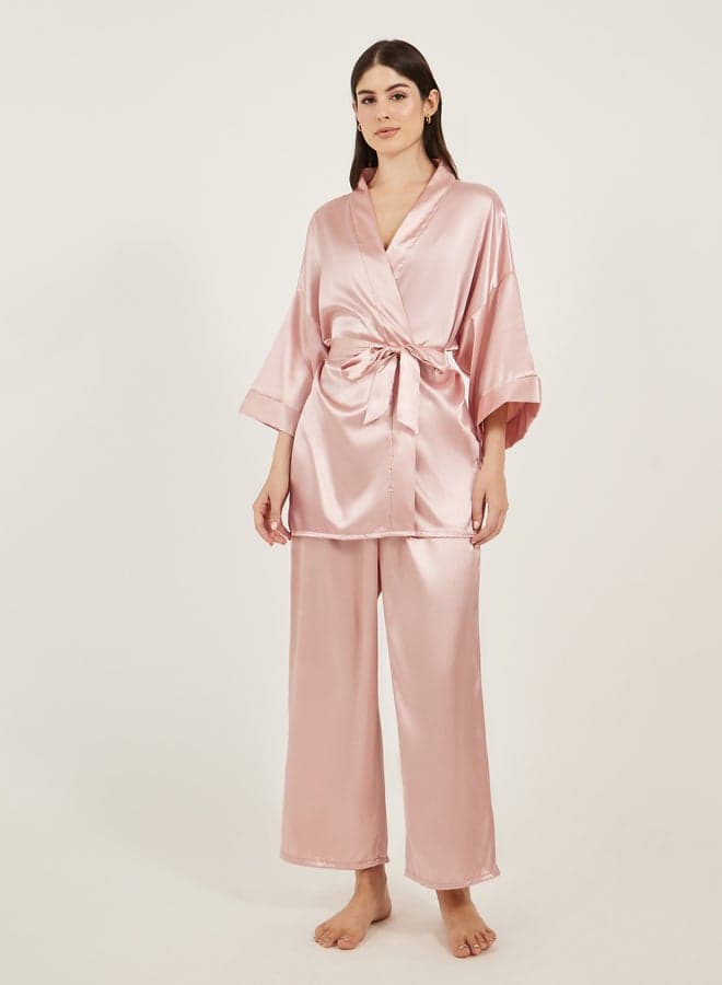 Pink Satin Kimono Tie-Waist Pyjama Set 7012214928 - Image 1