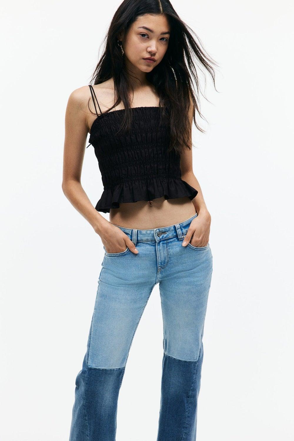 Navy Smocked Strap Top with Frill Hem Detail - Image 1