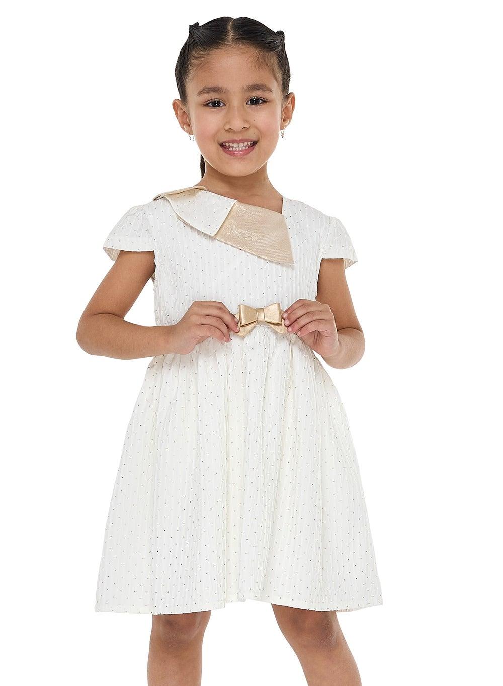 Ivory Pleated Bow A-Line Dress with Gold Detail - Image 1