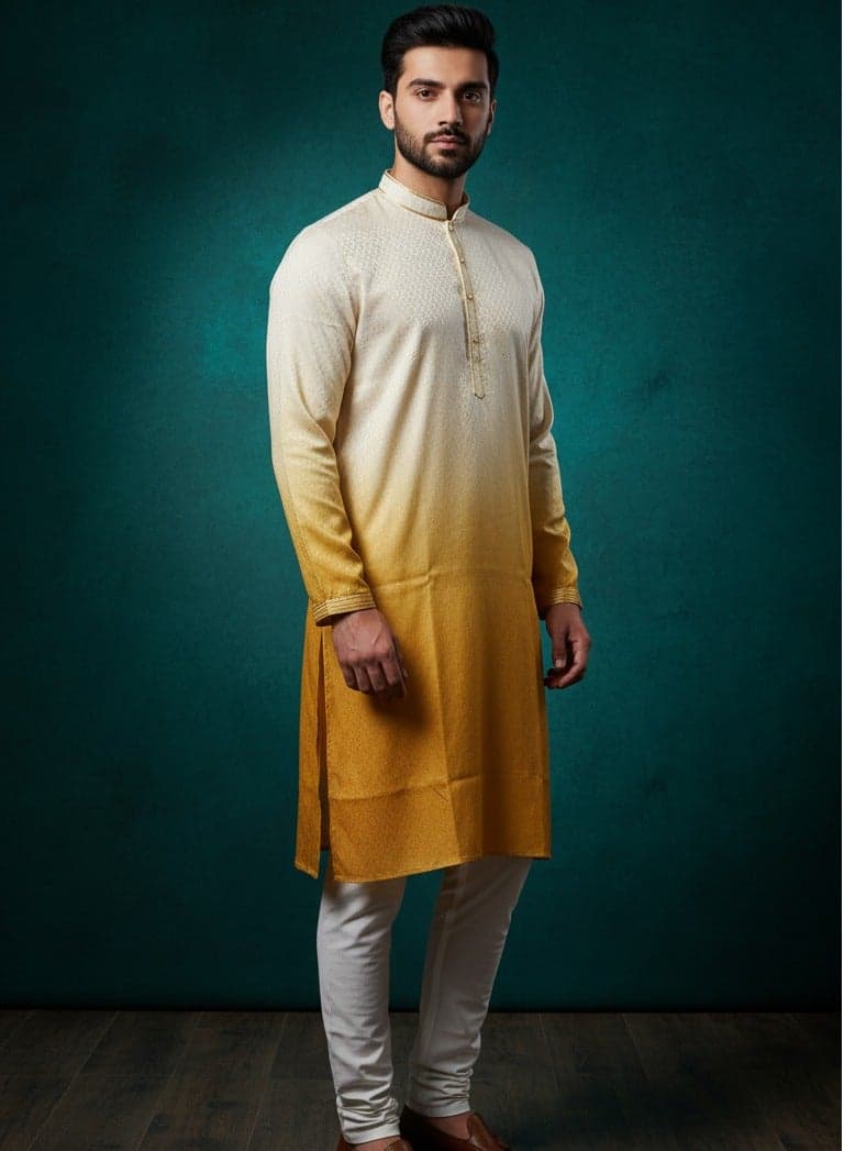 Men’s Yellow Ombre Kurta Set with White Pants - Image 1
