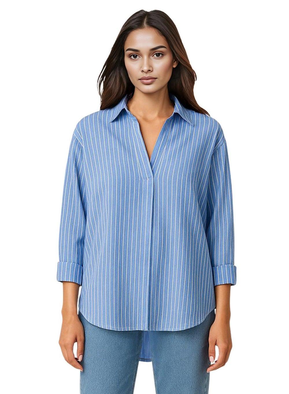 Rhodes Blue White Wider Stripe Cotton Popover Shirt - Image 1