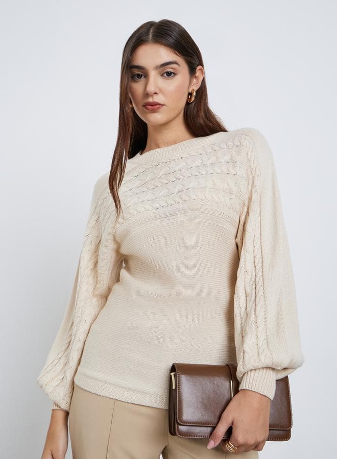 Styli Cream Cable Knit Balloon Sleeve Sweater - Image 1