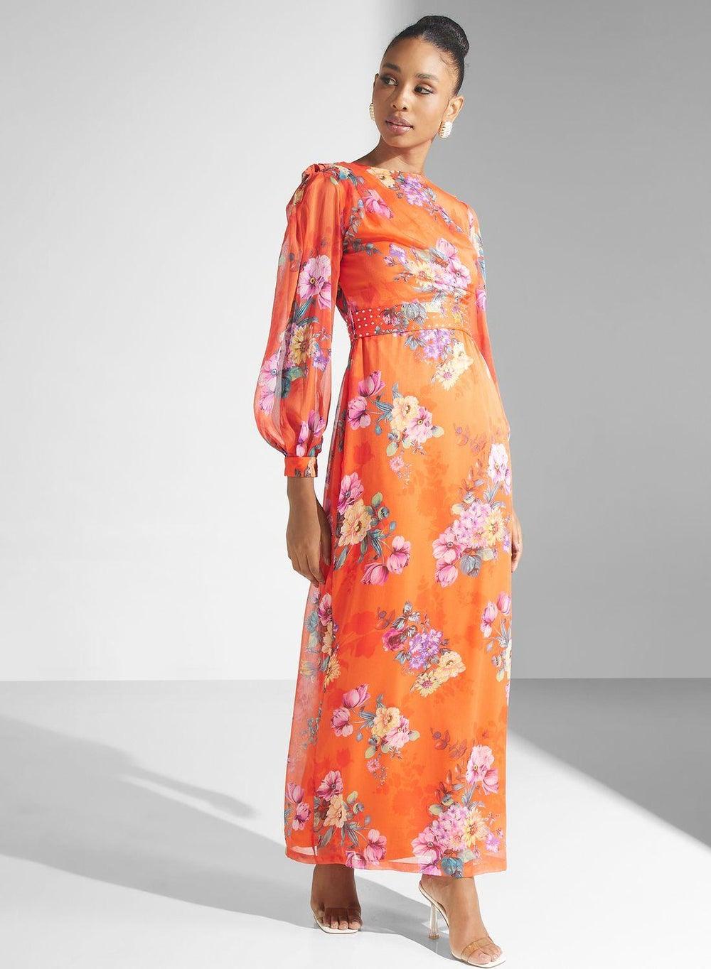 Orange Floral Puff Sleeve Belted Maxi Dress - Image 1