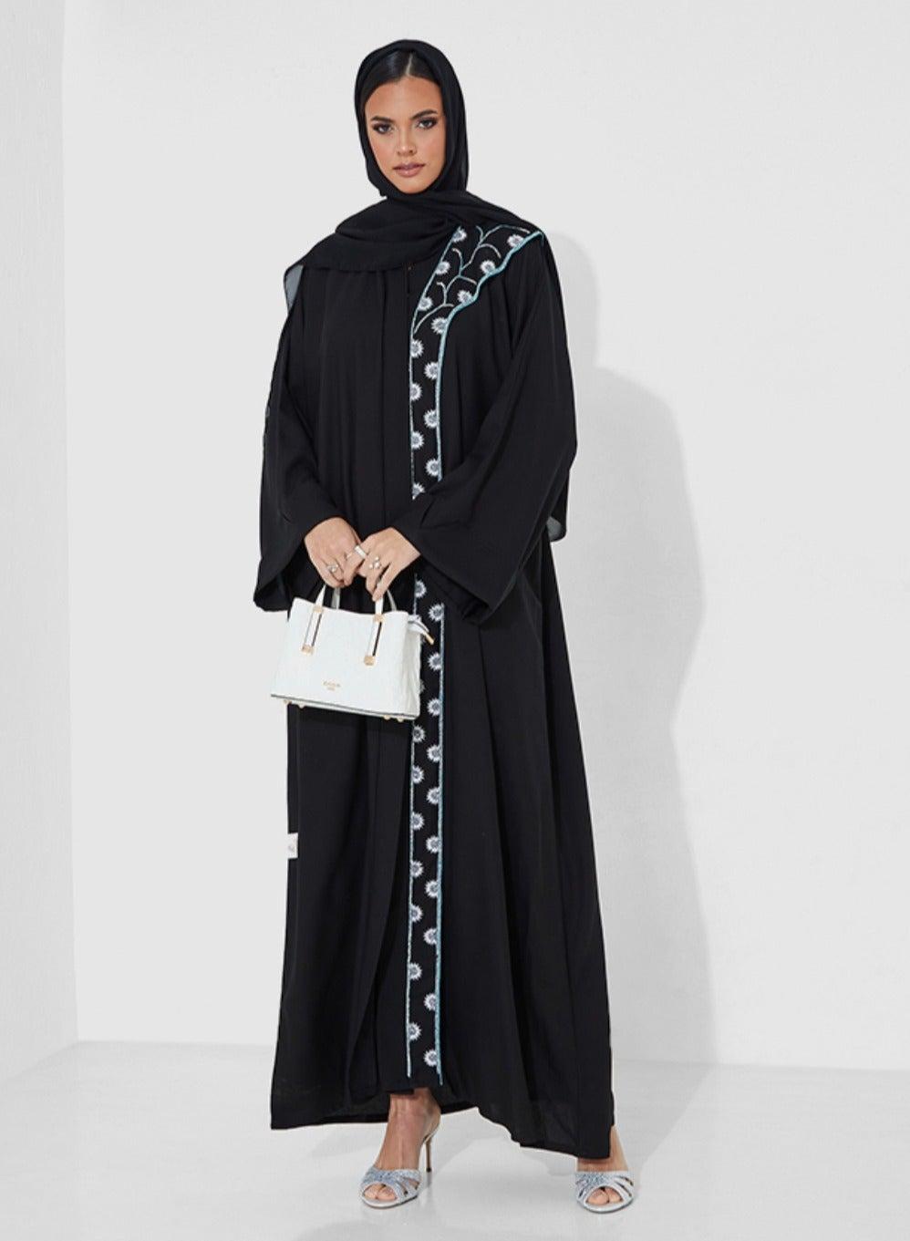Black Embroidered Abaya with Blue Stones Wide Sleeves - Image 1