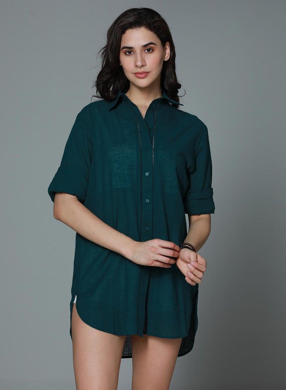 Teal Rayon Button-Down Shirt for Women - Image 1