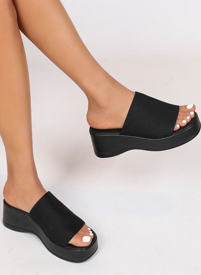 Black Solid Slip-On Wedge Heel Sandals 7007406301 - Image 1