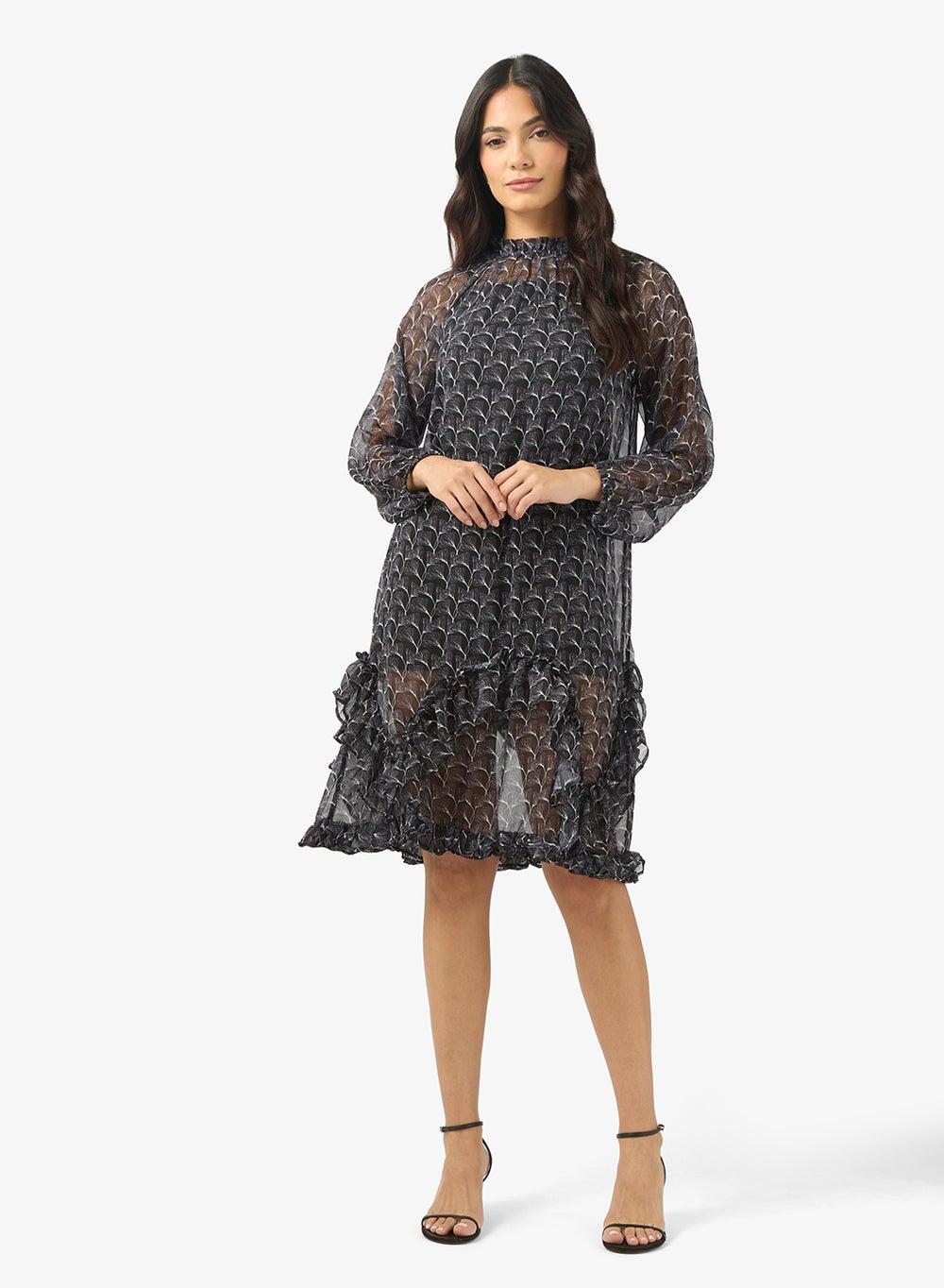 Printed Ruffle Neck Midi Dress Bcbs25Dr132 - Image 1