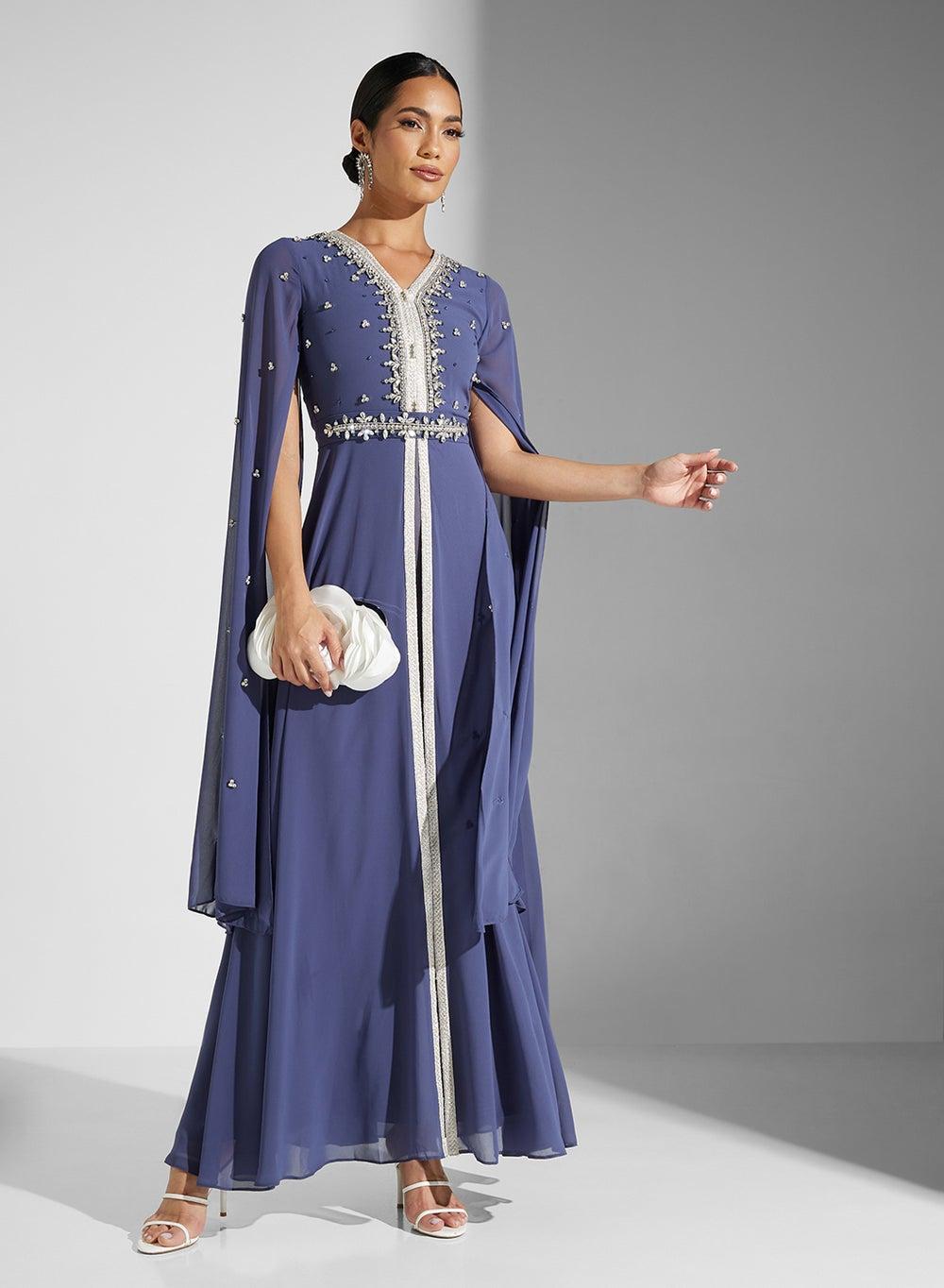 Laced Neck Embellished Chiffon Maxi Kaftan Dress - Image 1