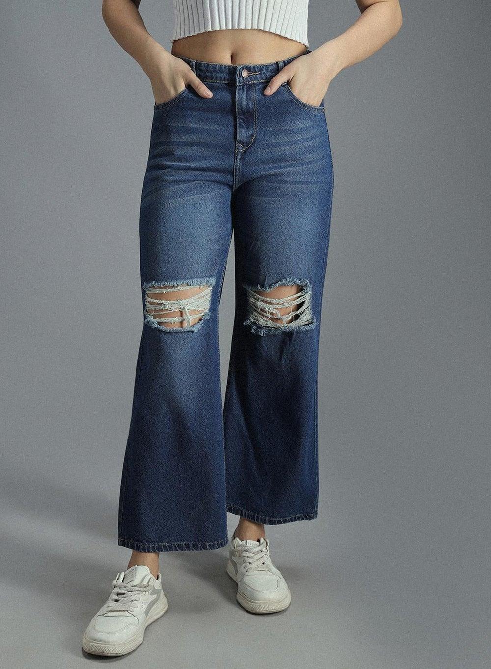 Indigo High-Rise Wide Leg Cotton Jeans for Women - Image 1