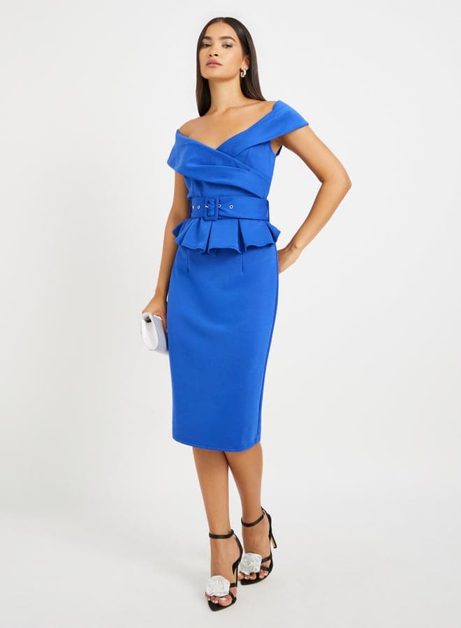 Cobalt Blue Belted Peplum Bodycon Midi Dress 7012325630 - Image 1