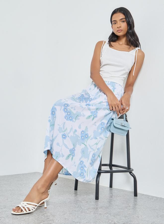 Blue Floral A-Line Midi Skirt – Classic Fit - Image 1