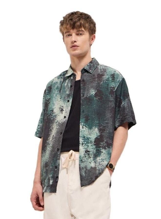 Men’s Classic Button-Down Shirt Grey Green Nylon Blend - Image 1