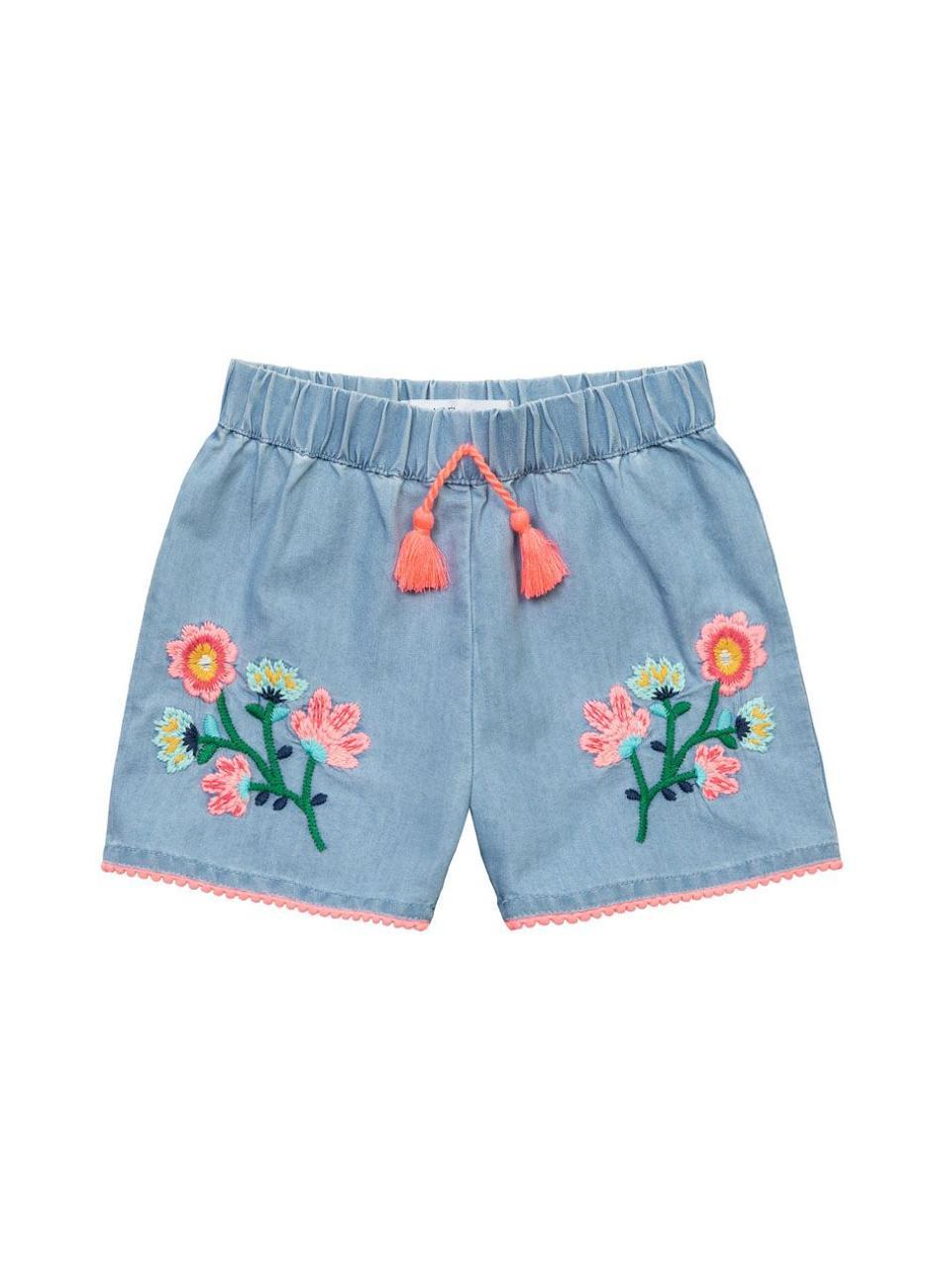 Girls Blue Chambray Soft Shorts with Tassel Tie - Image 1