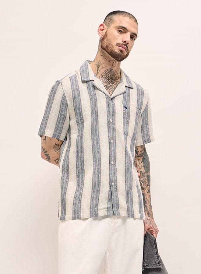 Men’s Beige Striped Button-Down Shirt – Smart Casual Essential - Image 1
