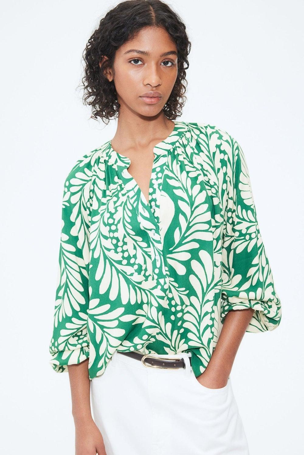 Floral Balloon Sleeve Blouse in Green Medium - Image 1